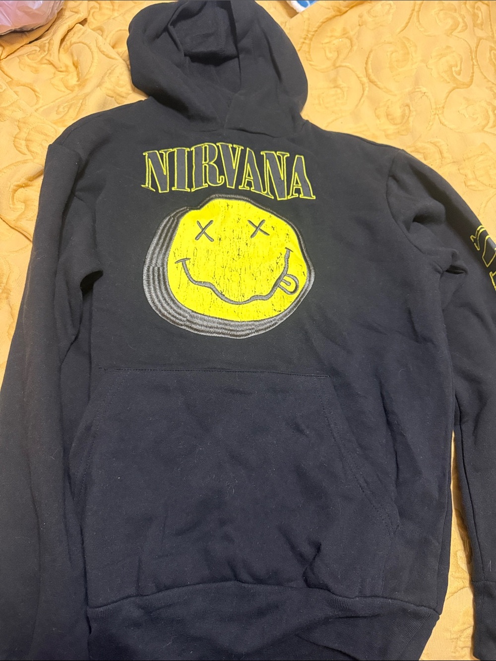 NIRVANA Black Pullover Hoodie with Yellow Smiley Graphic